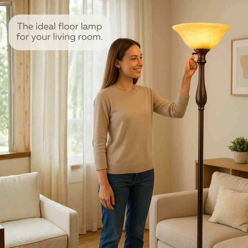 LIGHTACCENTS Royal Bronze Torchiere with Amber Alabaster Shade â€“ Standing Light for Bedroom, Living Room, Office, Reading Corner â€“ Floor Lamp for Home DÃ©cor, Ambient Uplight Accent - Image 3